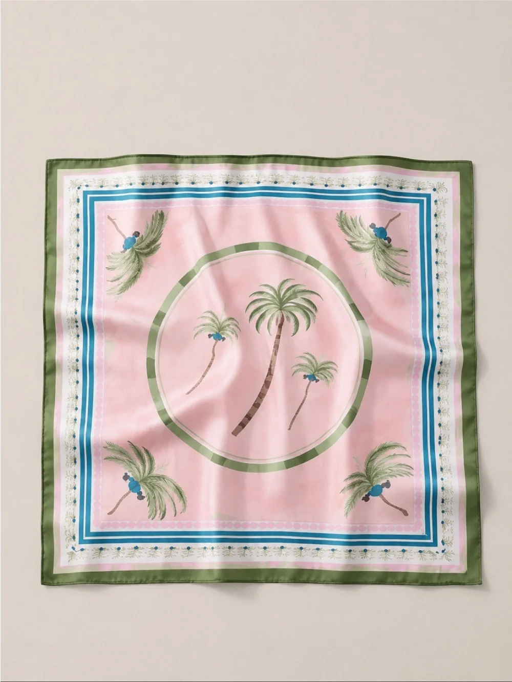 Palm Tree Print Pink Silky Scarf with Green Border